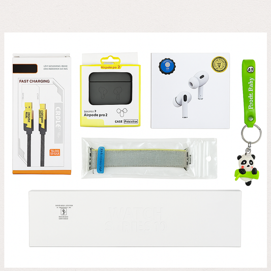 6-in-1 Premium Gadget Combo – Series 10 Watch, Air Pro 2, Premium Extra Strap, 4 in 1 Fast Charging Cable, Silicon Cover & Styles Keychain