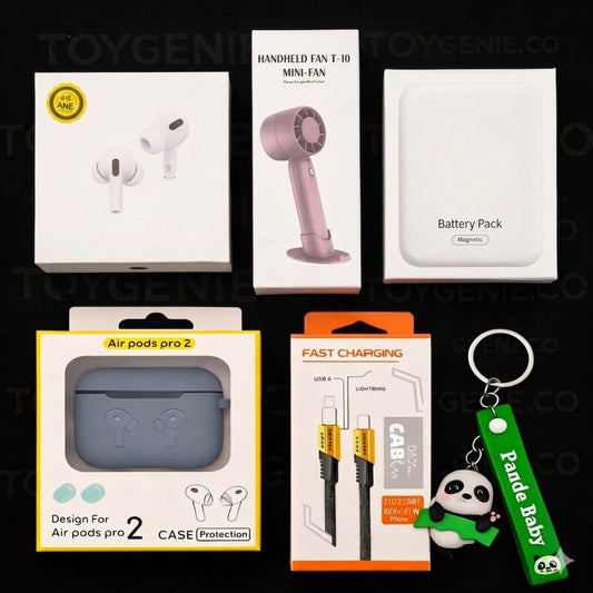 6-in-1 Summer Tech Combo - Air Pro 2, Magnetic Battery Pack, Handheld Mini Fan, 4 in 1 Data Cable, Silicon cover & Panda Keychain