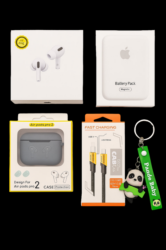 5-in-1 Ultimate Tech Combo Pack – Airpods Pro 2, 4-in-1 Fast Charging Cable, MagSafe Power Bank, Protective Silicone Case for Airpods, and Stylish Keychain
