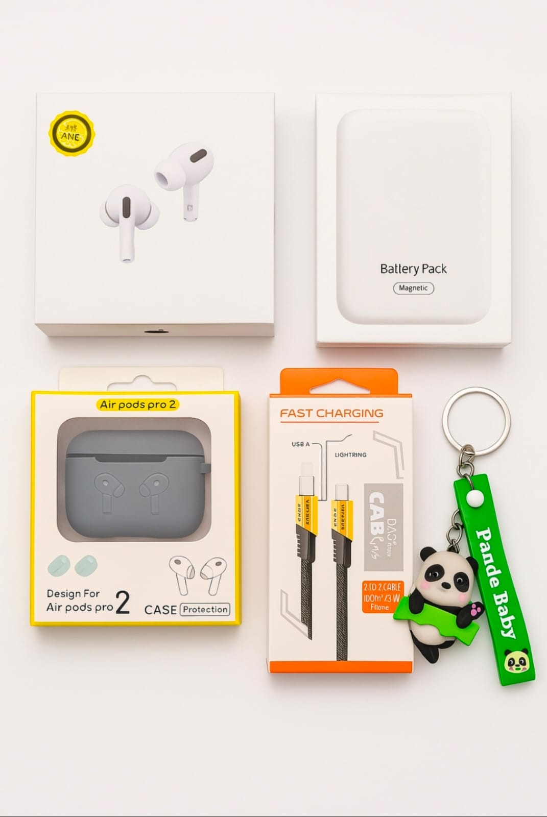 5-in-1 Ultimate Tech Combo Pack – Air Pro 2, 4-in-1 Fast Charging Cable, MagSafe Power Bank, Protective Silicone Case for Air, and Stylish Keychain