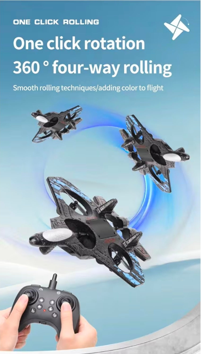 RC Fighter Drone with 360° Stunts, One-Key Takeoff, LED Lights, Hover Mode
