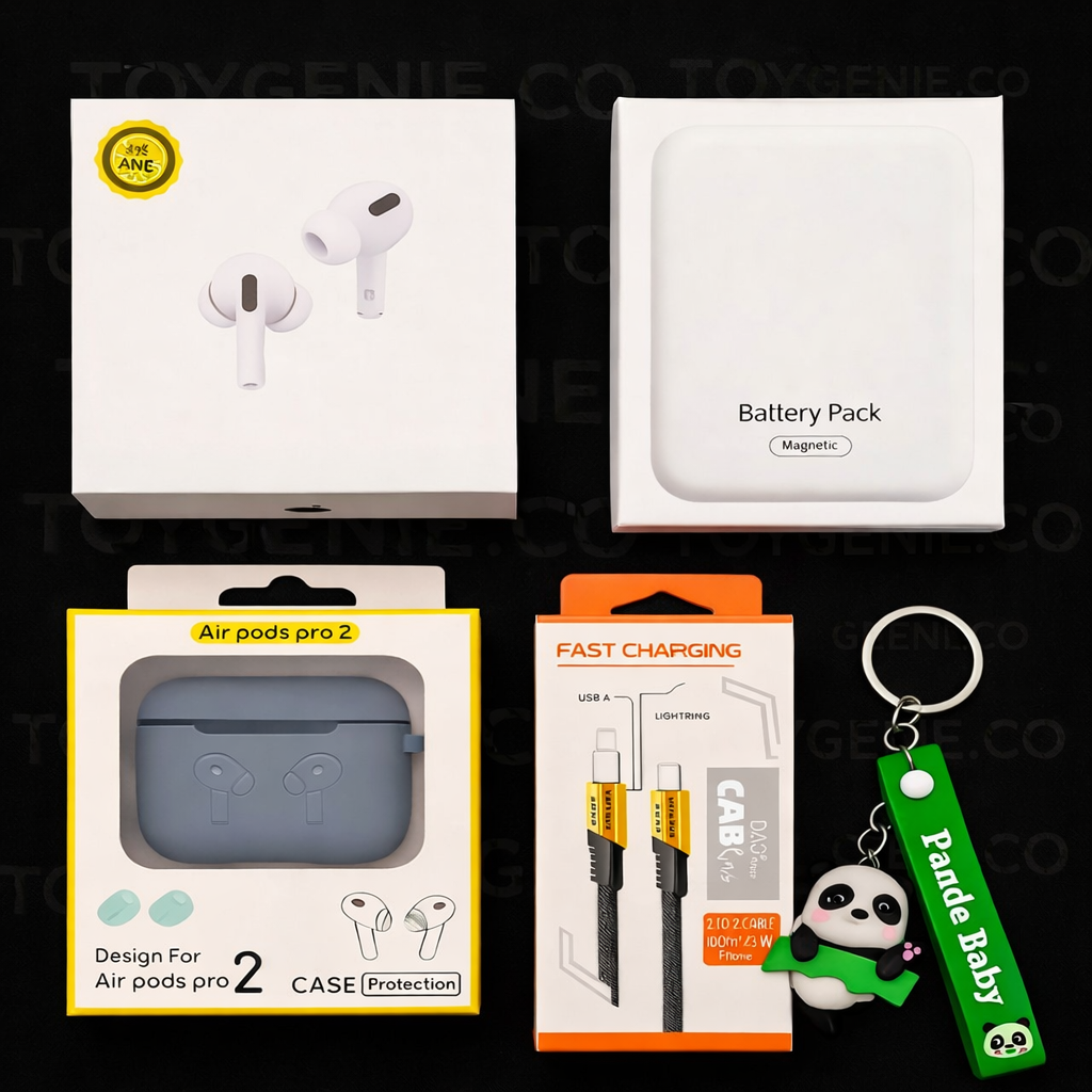 5-in-1 Ultimate Tech Combo Pack – Air Pro 2, 4-in-1 Fast Charging Cable, MagSafe Power Bank, Protective Silicone Case for Air, and Stylish Keychain